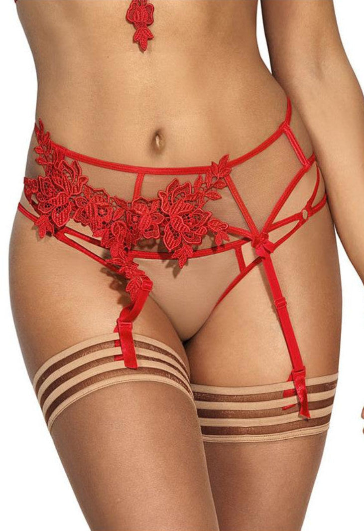 Axami V-8862 Strapsgürtel in Rot getragen – Vorderansicht mit transparentem Tüll, roter Blütenspitze und vier Strapshaltern