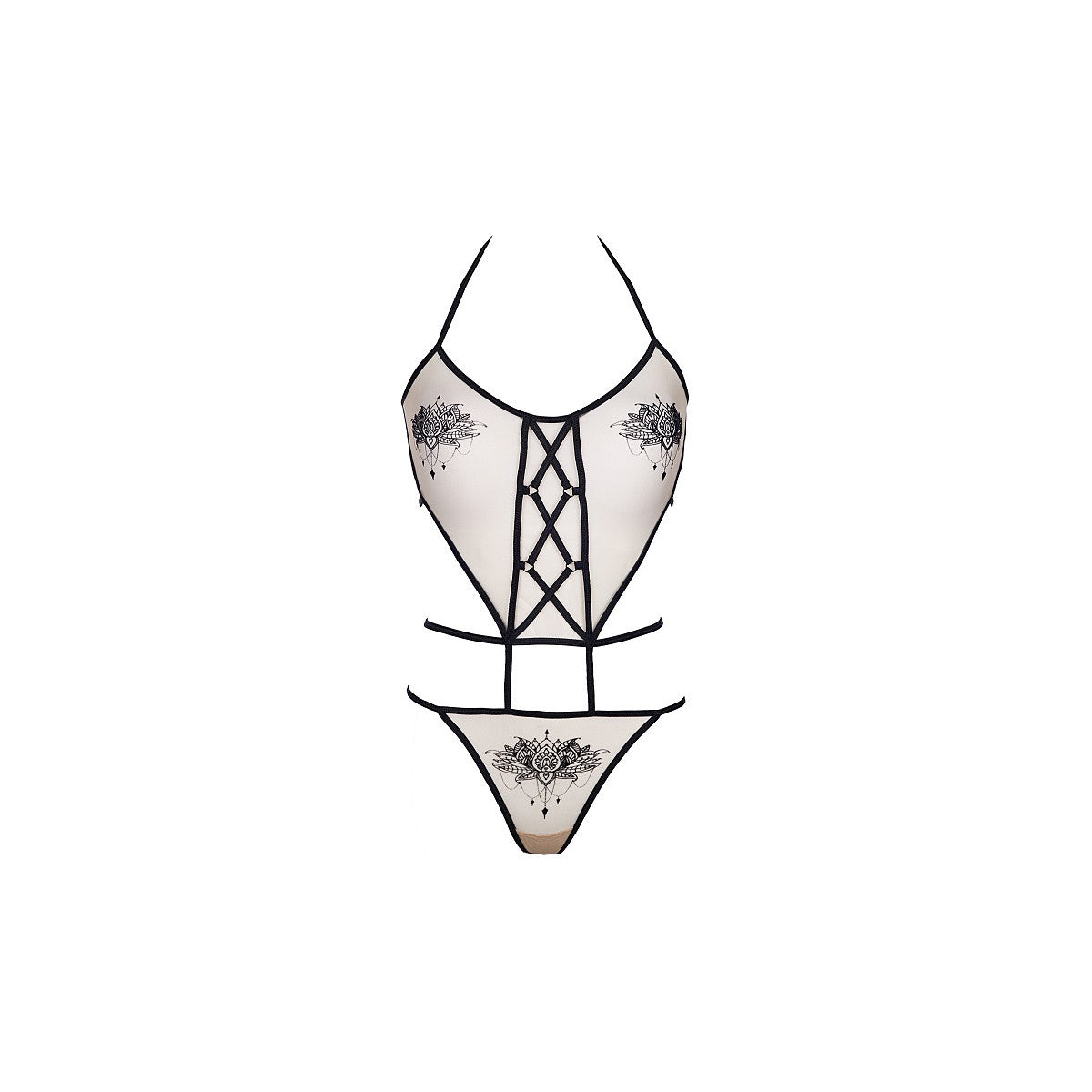 Axami V-8870 Neckholder-Body in Beige-Schwarz – Vorderansicht mit transparentem Tüll und raffinierter Zweiteiler-Optik