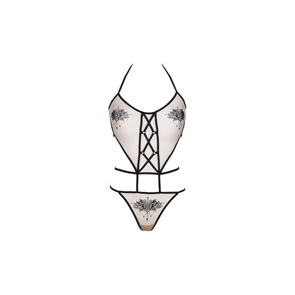 Axami V-8870 Neckholder-Body in Beige-Schwarz – Vorderansicht mit transparentem Tüll und raffinierter Zweiteiler-Optik