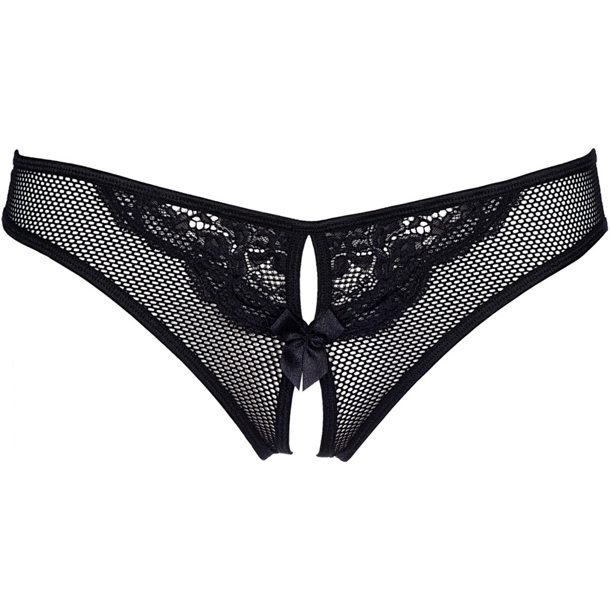 Axami V-8895 Ouvert-Panty in Schwarz – Freisteller von vorne mit transparentem Netz, Spitze und Schleife