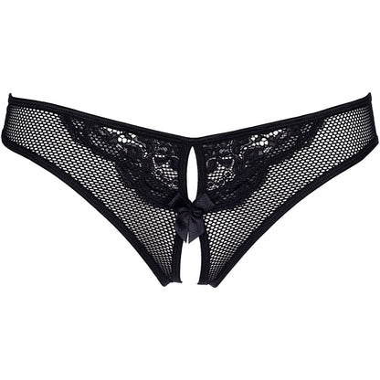 Axami V-8895 Ouvert-Panty in Schwarz – Freisteller von vorne mit transparentem Netz, Spitze und Schleife