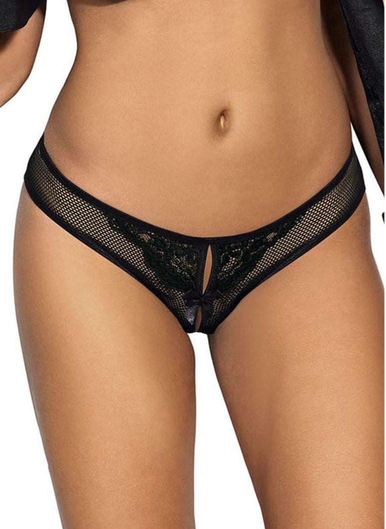 Axami V-8895 Ouvert-Panty in Schwarz getragen – Vorderansicht mit transparentem Netz, Spitze und Schleifendetail