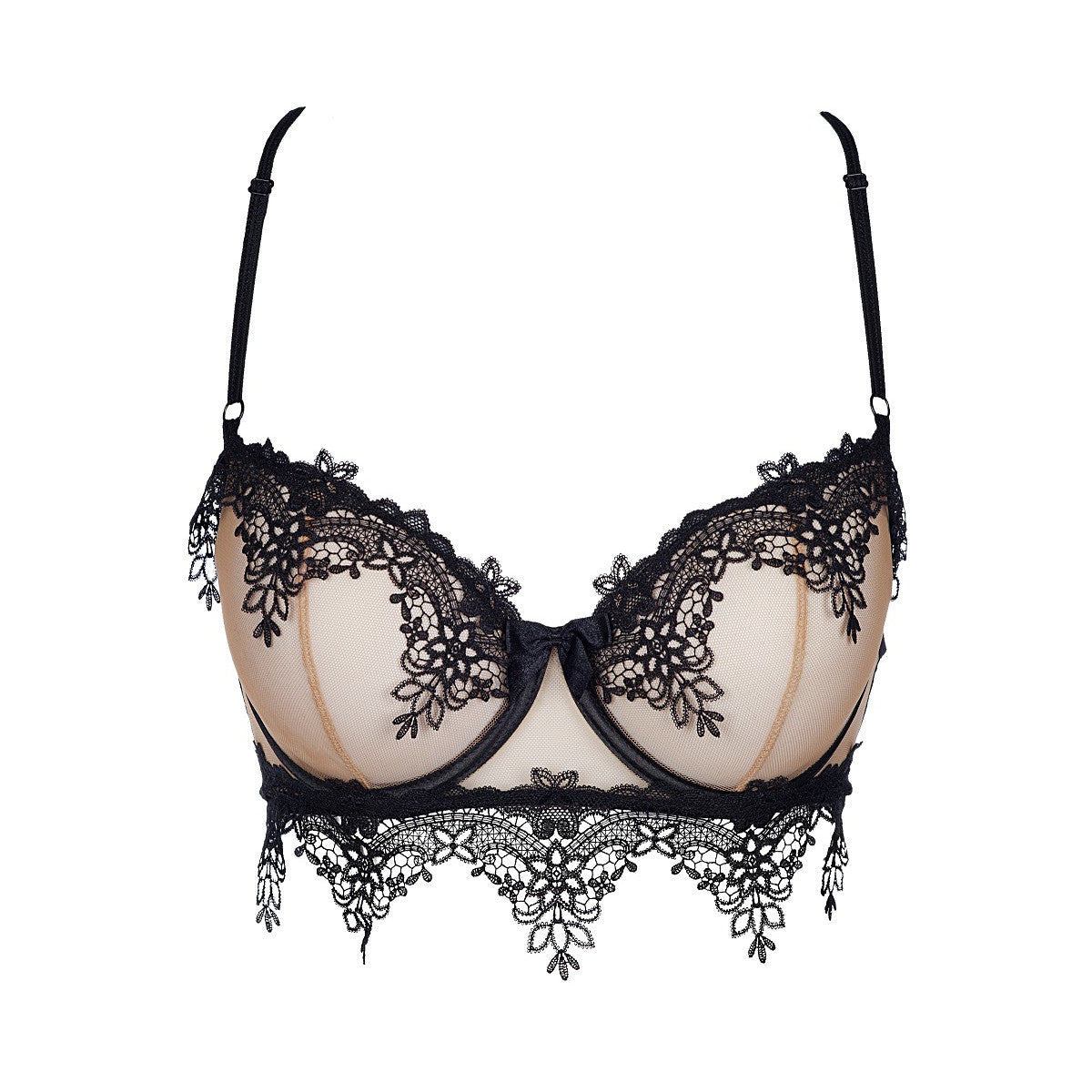Axami V-8901 Soft-Bügel-BH in Schwarz-Beige – Freisteller von vorne mit transparenten Cups, schwarzer Spitze und verlängerter Spitzenpartie
