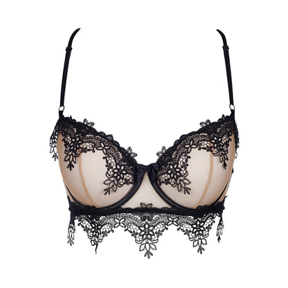 Axami V-8901 Soft-Bügel-BH in Schwarz-Beige – Freisteller von vorne mit transparenten Cups, schwarzer Spitze und verlängerter Spitzenpartie