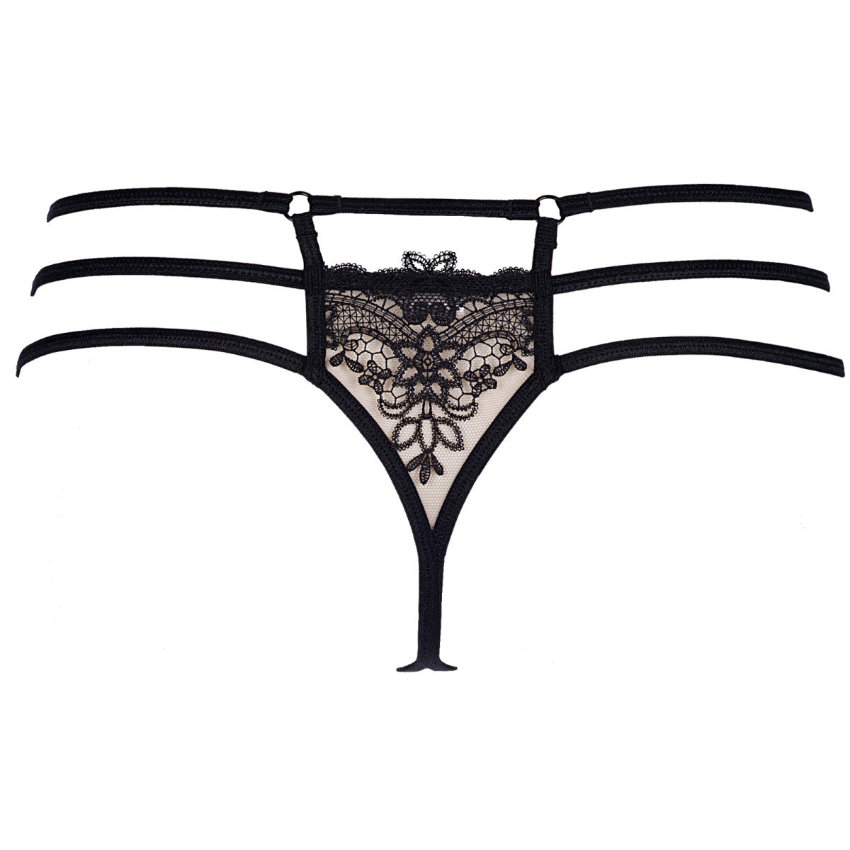 Axami V-8908 Riemchenstring in Schwarz-Beige – Freisteller der Rückseite mit floraler Spitze und mehrfachen schwarzen Hüftriemchen