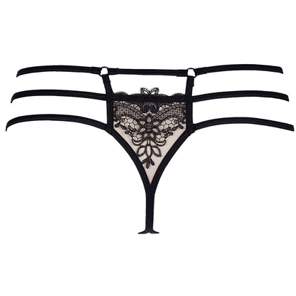 Axami V-8908 Riemchenstring in Schwarz-Beige – Freisteller der Rückseite mit floraler Spitze und mehrfachen schwarzen Hüftriemchen