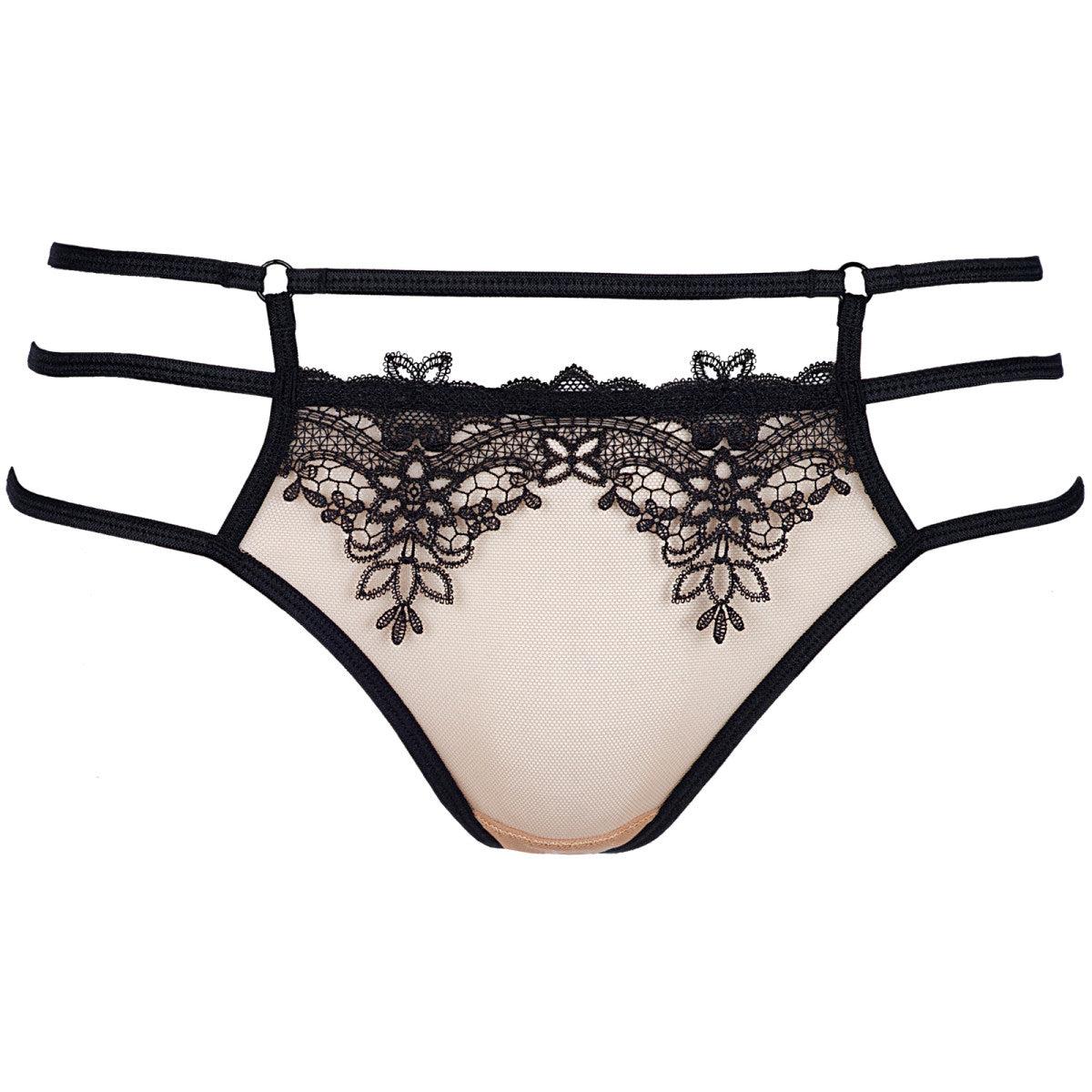 Axami V-8908 Riemchenstring in Schwarz-Beige – Freisteller von vorne mit transparentem beigem Tüll, schwarzer Spitze und feinen Riemchen