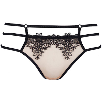 Axami V-8908 Riemchenstring in Schwarz-Beige – Freisteller von vorne mit transparentem beigem Tüll, schwarzer Spitze und feinen Riemchen
