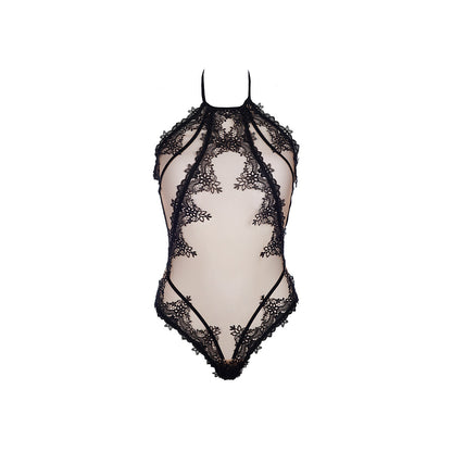 Axami V-8910 Neckholder-Body in Beige-Schwarz – Freisteller von vorne mit transparentem Tüll und aufgenähter Blütenspitze