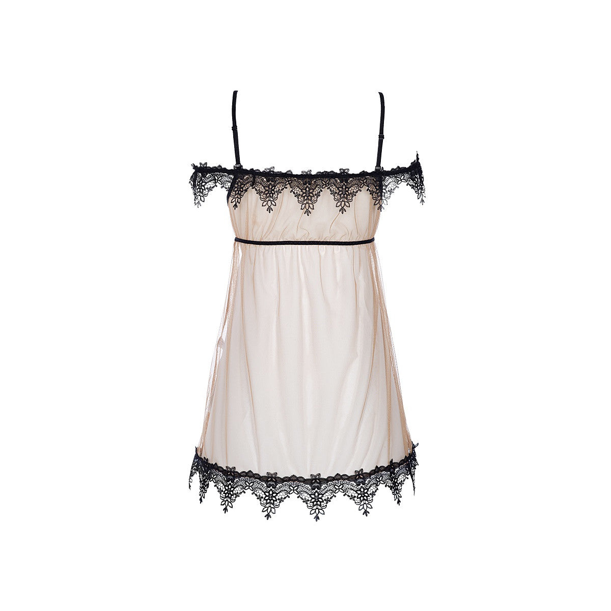 Axami V-8919 Babydoll in Beige-Schwarz – Freisteller der Rückseite mit transparentem Tüll und schwarzem Spitzenbesatz