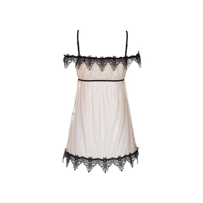 Axami V-8919 Babydoll in Beige-Schwarz – Freisteller der Rückseite mit transparentem Tüll und schwarzem Spitzenbesatz