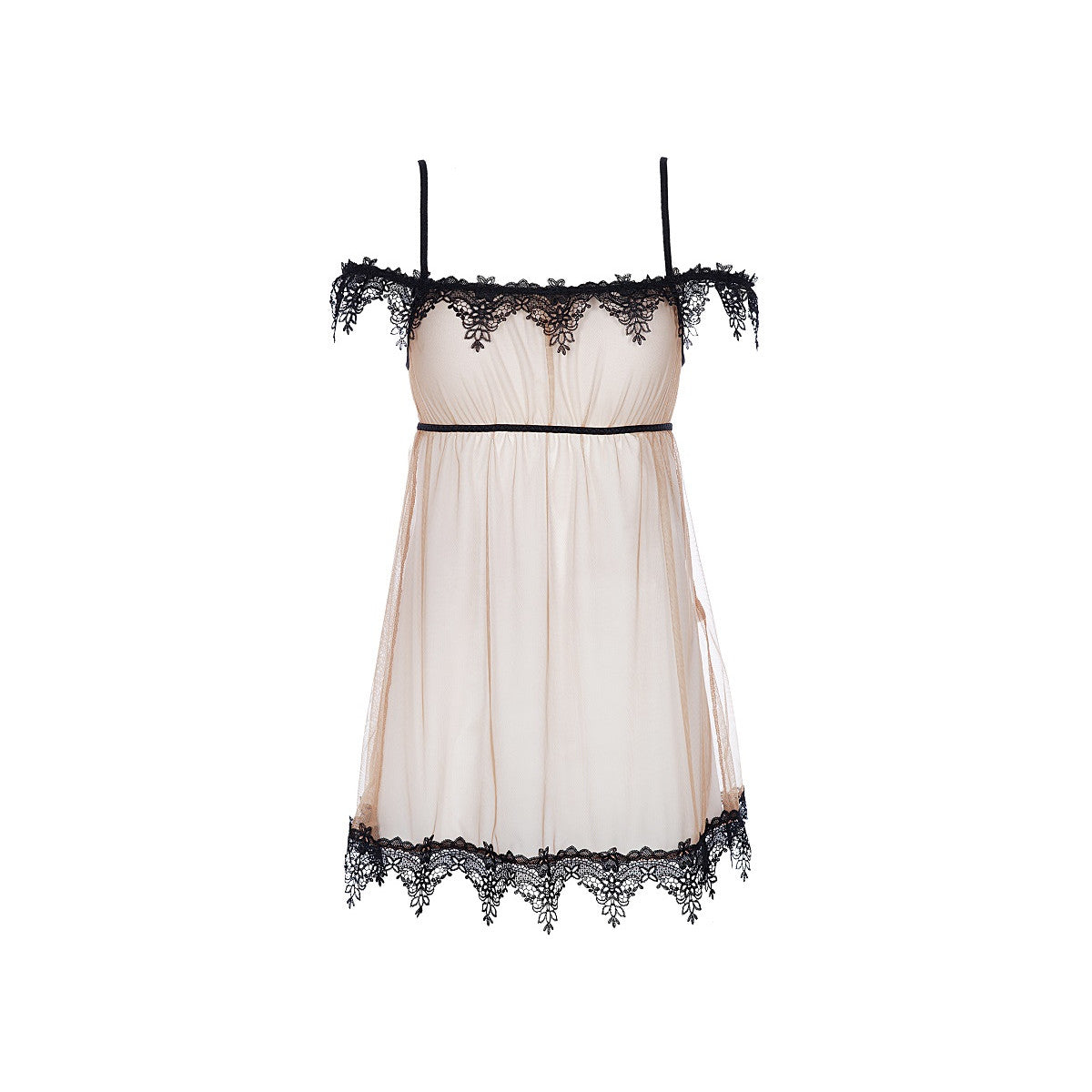 Axami V-8919 Babydoll in Beige-Schwarz – Freisteller von vorne mit transparentem Tüll, verstellbaren Trägern und Blütenspitze