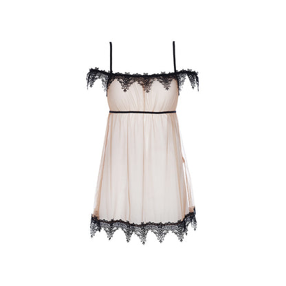 Axami V-8919 Babydoll in Beige-Schwarz – Freisteller von vorne mit transparentem Tüll, verstellbaren Trägern und Blütenspitze
