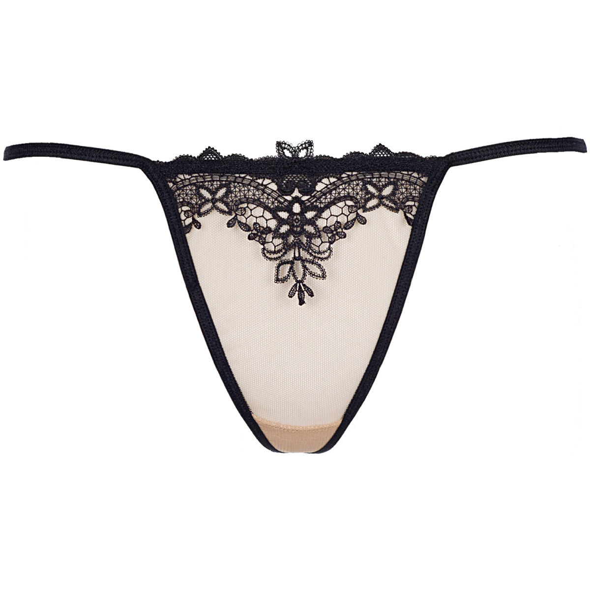 Passender String des Axami V-8919 Sets in Beige-Schwarz – Vorderansicht mit transparentem Tüll und schwarzer Spitze