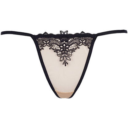 Passender String des Axami V-8919 Sets in Beige-Schwarz – Vorderansicht mit transparentem Tüll und schwarzer Spitze