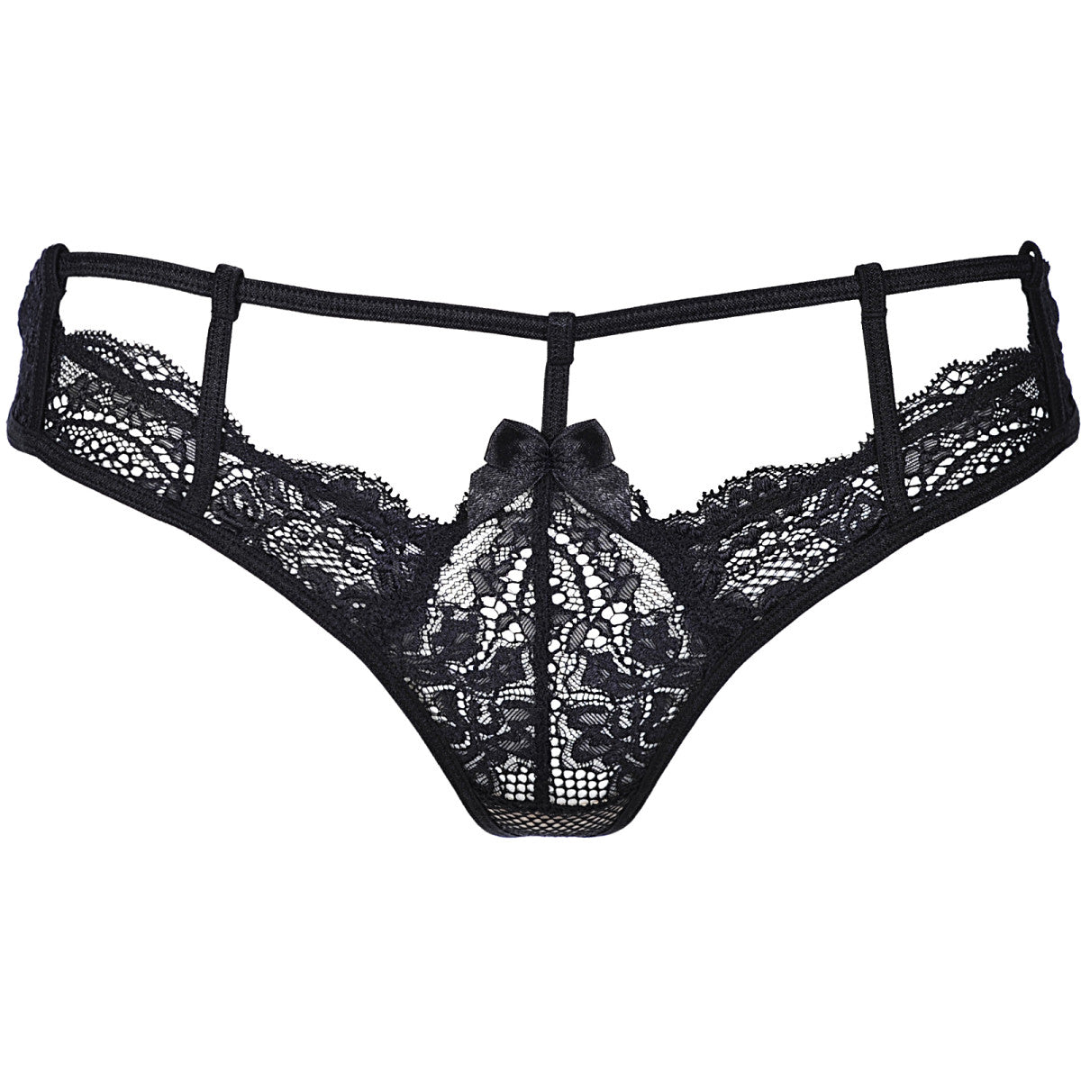 Axami V-8978 Spitzenstring in Schwarz – Freisteller von vorne mit floraler Spitze, transparentem Tüll und Schleifendetail