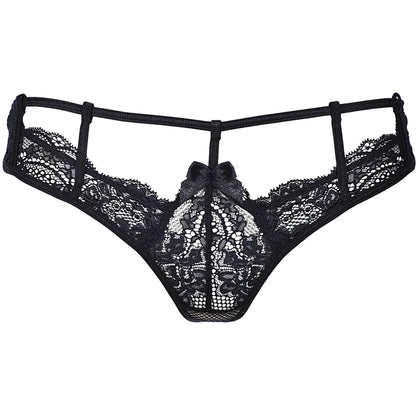 Axami V-8978 Spitzenstring in Schwarz – Freisteller von vorne mit floraler Spitze, transparentem Tüll und Schleifendetail