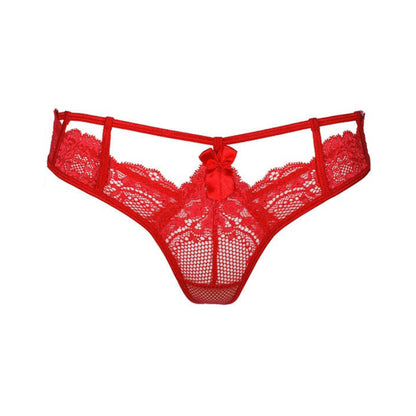 Axami V-8988 Spitzenstring in Rot – Freisteller von vorne mit floraler Spitze, transparentem Tüll, Riemchendetails und kleiner Schleife