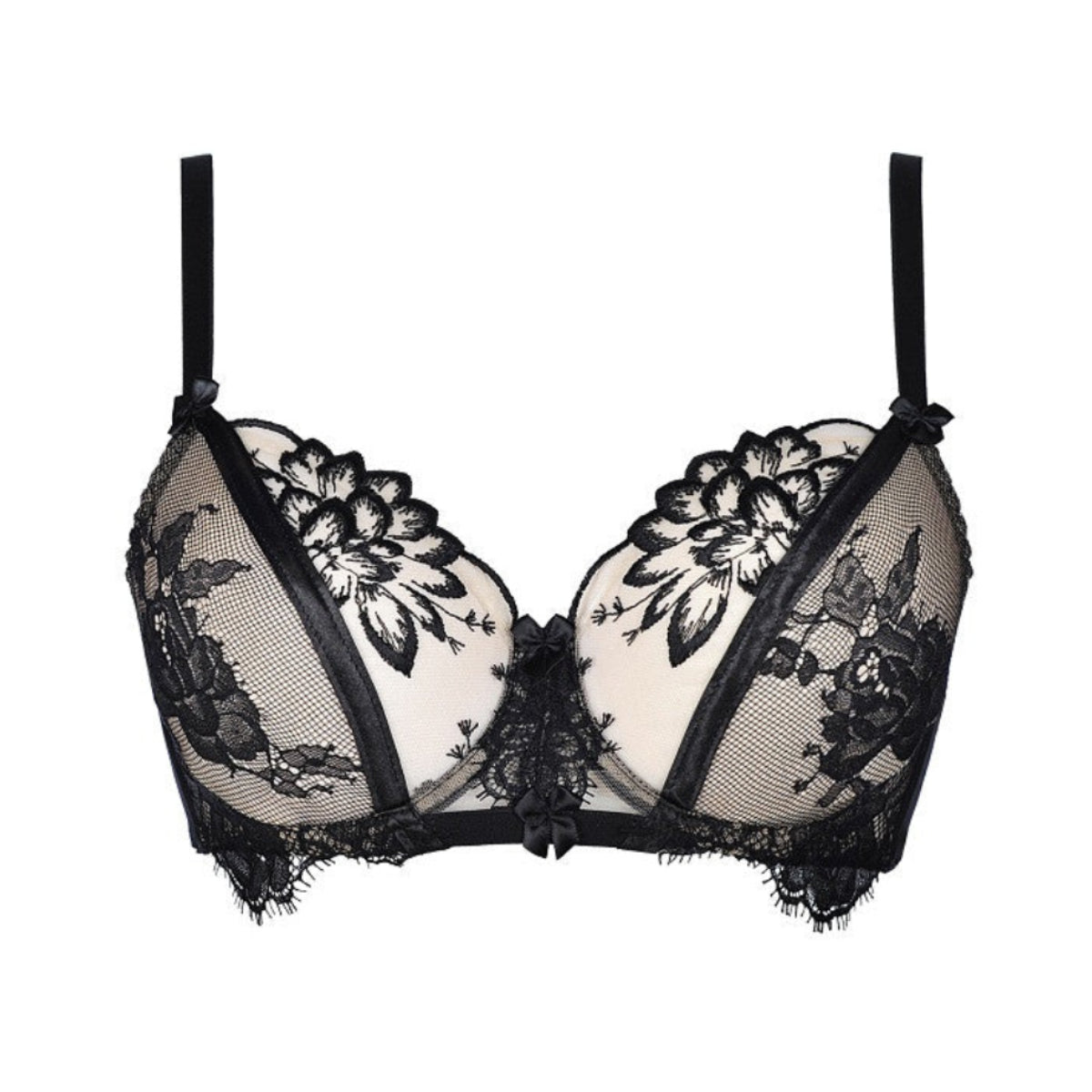 Axami V-8991 Bügel-BH in Schwarz – Freisteller von vorne mit transparenten Tüll-Cups, schwarzer Spitze und Schleifendetails