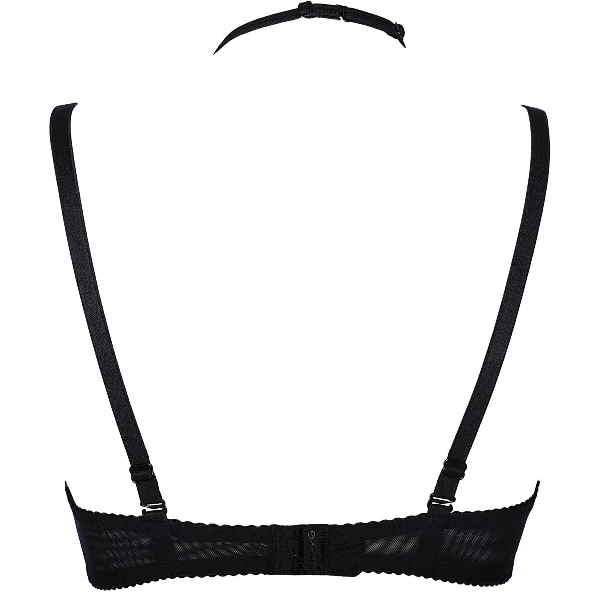 Axami V-9001 Neckholder-BH in Schwarz-Beige – Freisteller der Rückseite mit abnehmbarer Trägerführung und Hakenverschluss