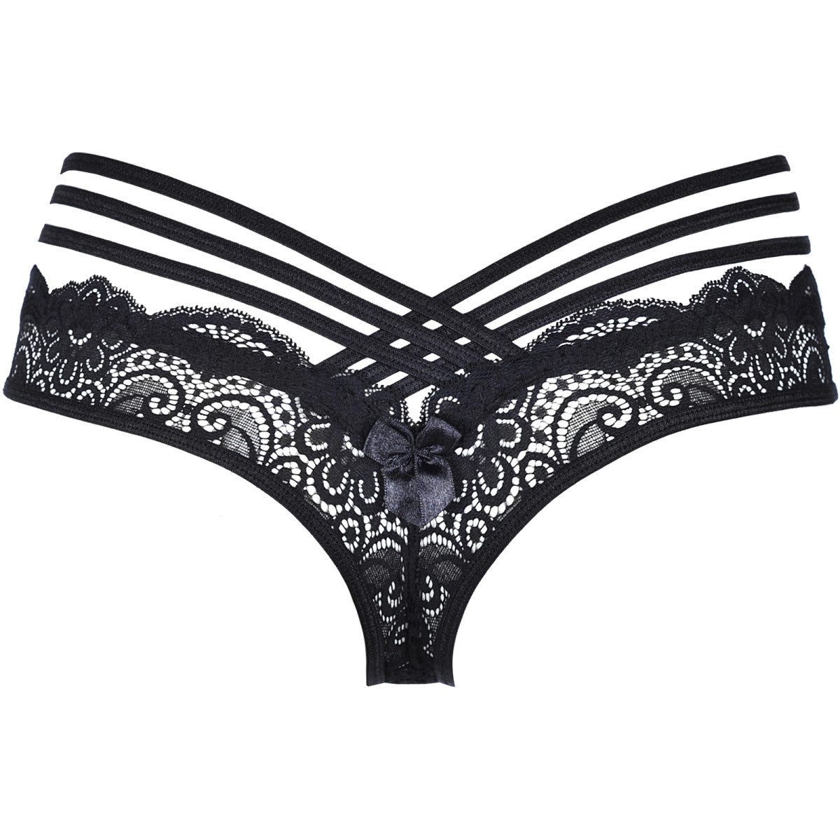 Axami V-9018 Spitzen-Riemchenstring in Schwarz – Freisteller der Rückseite mit schwarzer Spitze, elastischer Riemchenführung und kleiner Schleife