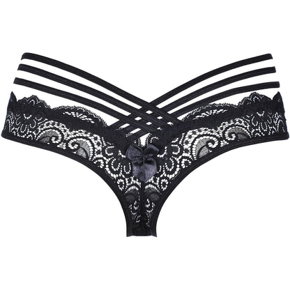 Axami V-9018 Spitzen-Riemchenstring in Schwarz – Freisteller der Rückseite mit schwarzer Spitze, elastischer Riemchenführung und kleiner Schleife