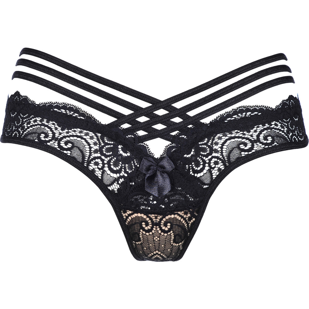 Axami V-9018 Spitzen-Riemchenstring in Schwarz – Freisteller von vorne mit floraler Spitze, sechs seitlichen Riemchen und Schleifendetail