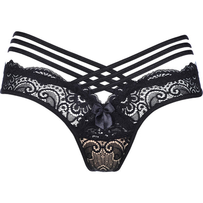 Axami V-9018 Spitzen-Riemchenstring in Schwarz – Freisteller von vorne mit floraler Spitze, sechs seitlichen Riemchen und Schleifendetail
