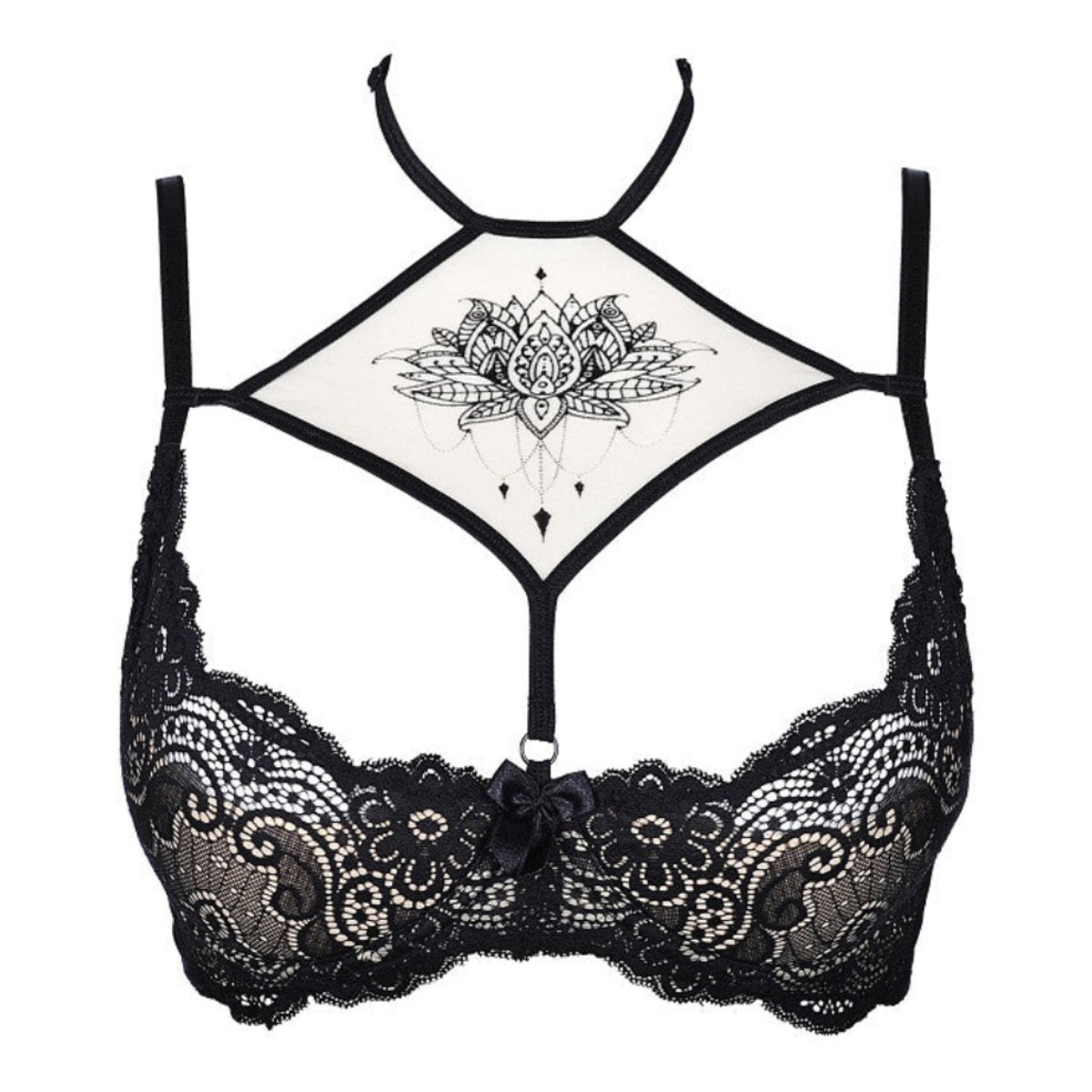 Axami V-9021 Bügel-BH in Schwarz-Beige – Freisteller von vorne mit gepolsterten beigen Halbcups, floraler Spitze und markanter Halsriemchen-Konstruktion