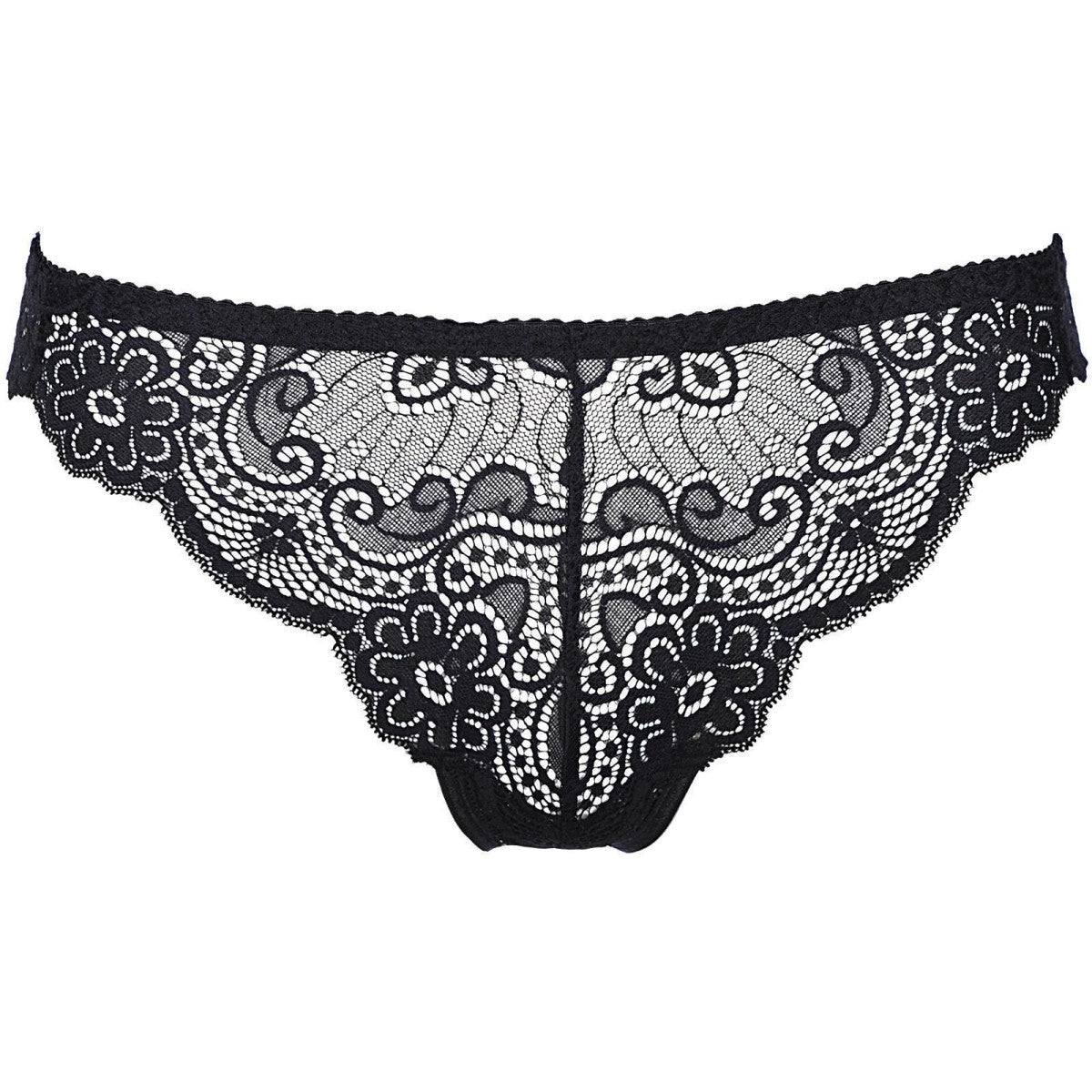 Axami V-9025 Spitzenstring in Schwarz – Freisteller von vorne mit floraler Spitze und filigraner transparenter Optik