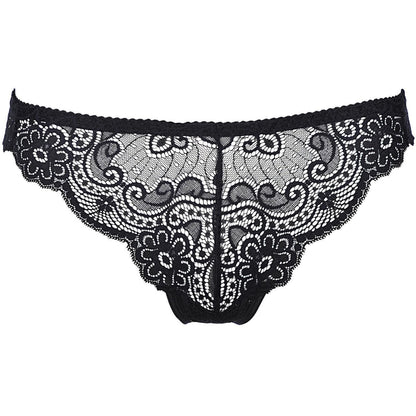 Axami V-9025 Spitzenstring in Schwarz – Freisteller von vorne mit floraler Spitze und filigraner transparenter Optik