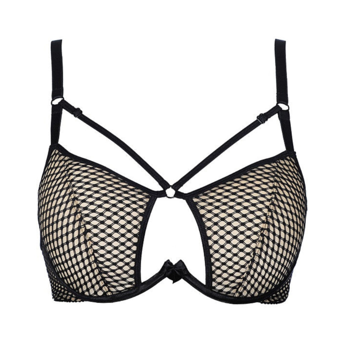 Axami V-9041 Bügel-BH in Schwarz-Beige – Freisteller von vorne mit beigem Tüll, schwarzem Netz und verstellbaren Riemchen oberhalb der Cups