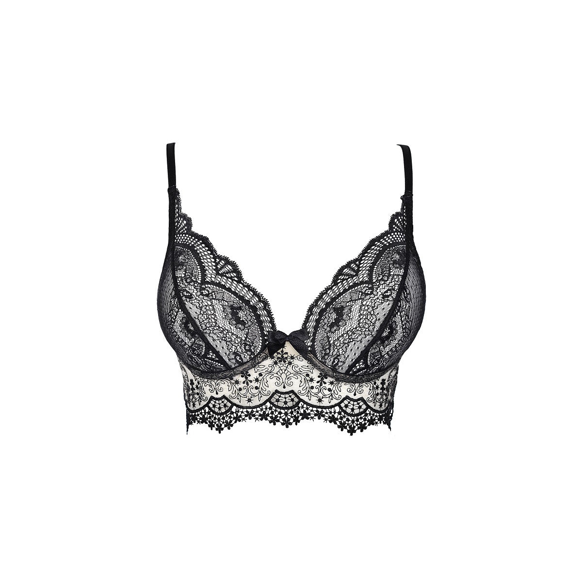 Axami V-9061 Bügel-Bustier in Schwarz-Beige – Freisteller von vorne mit Spitze, formgebenden Cups und Schleifendetail