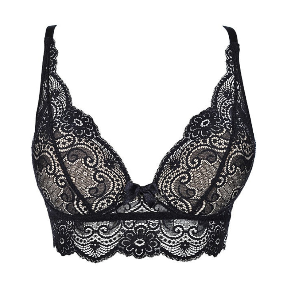 Axami V-9071 BH in Schwarz-Beige in Vorderansicht mit schwarzer Spitze, gepolsterten Cups und breitem Spitzenrand