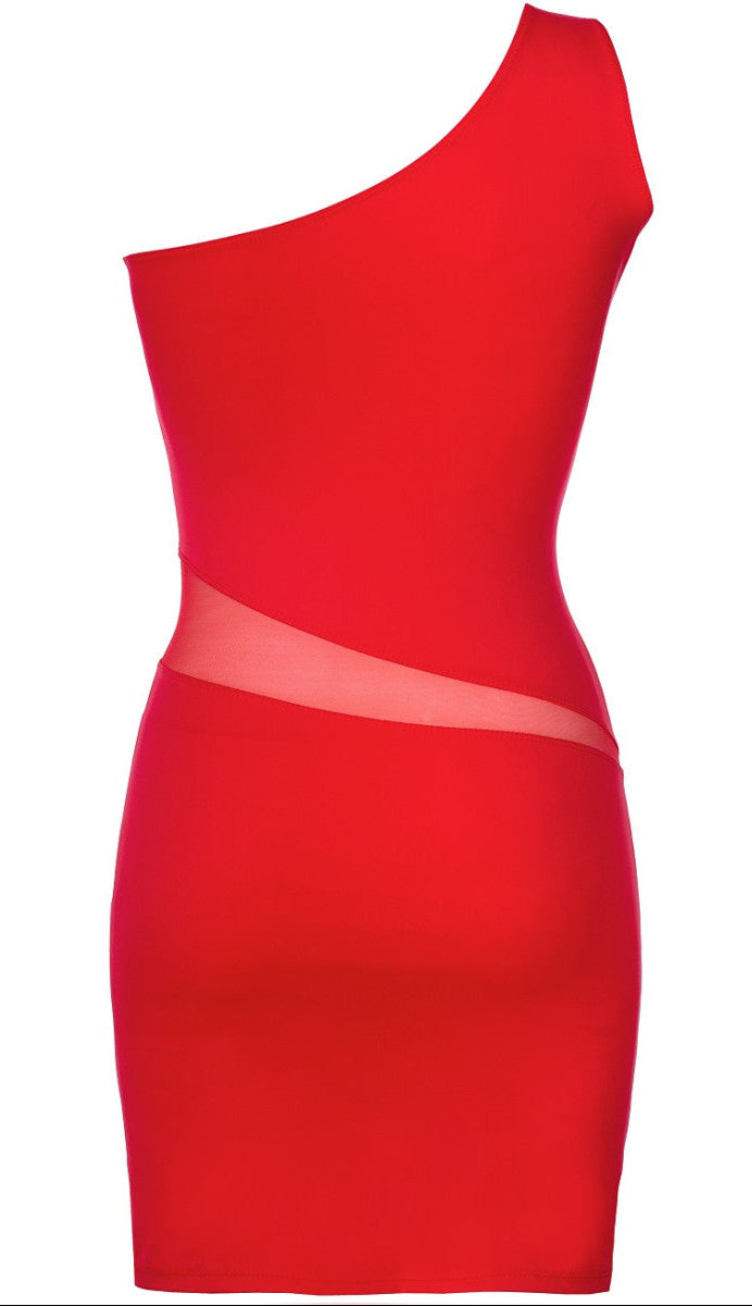 Axami V-9089 rotes figurbetontes Minikleid in Rückansicht mit asymmetrischem One-Shoulder-Design
