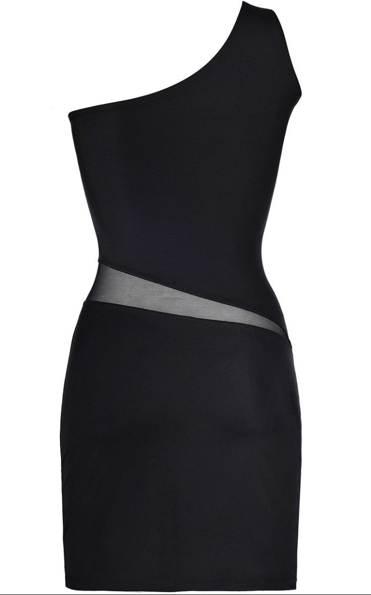 Axami V-9099 Queen of the Night schwarzes Minikleid in Rückansicht mit asymmetrischem One-Shoulder-Schnitt und transparentem Tülleinsatz