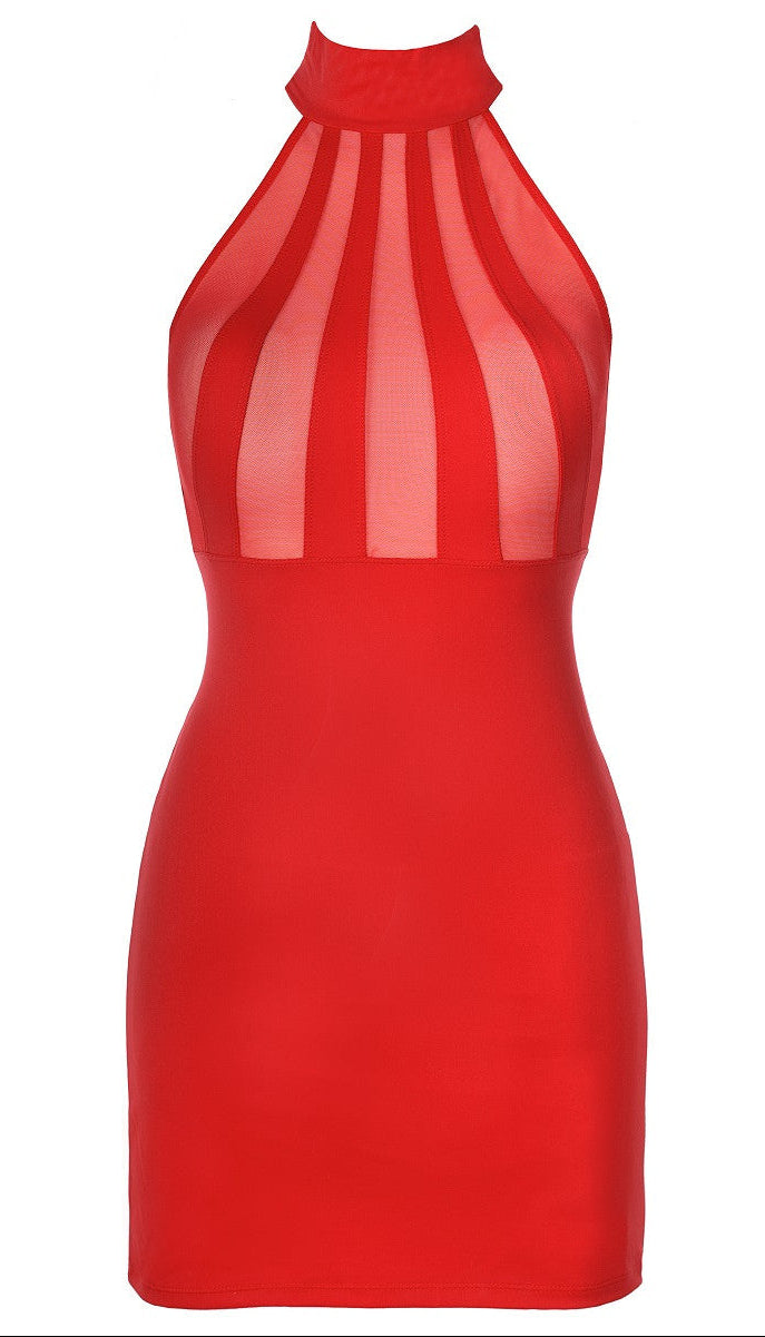 Axami V-9139 rotes Neckholderkleid in Vorderansicht mit Tülleinsatz im oberen Bereich