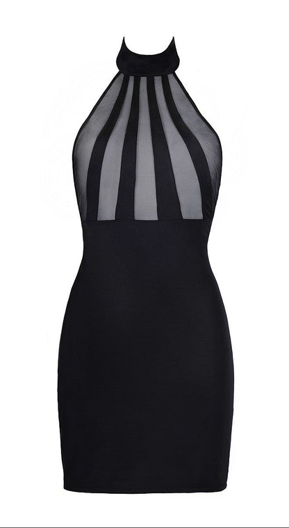 Axami V-9149 schwarzes Minikleid in Vorderansicht mit transparenten Tülleinsätzen am Oberteil und körpernahem Rock