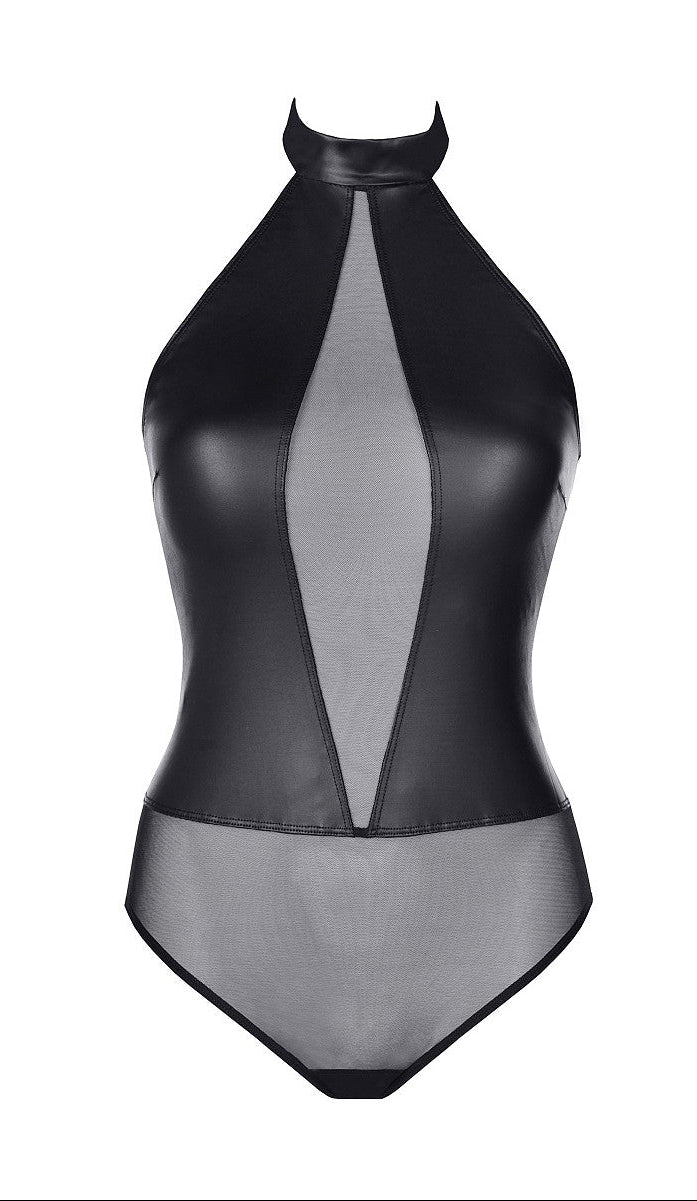 Axami V-9150 schwarzer Body in Vorderansicht mit glänzenden Wetlook-Partien, transparentem Netzeinsatz und hohem Neckholder-Kragen