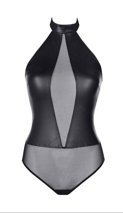 Axami V-9150 schwarzer Body in Vorderansicht mit glänzenden Wetlook-Partien, transparentem Netzeinsatz und hohem Neckholder-Kragen