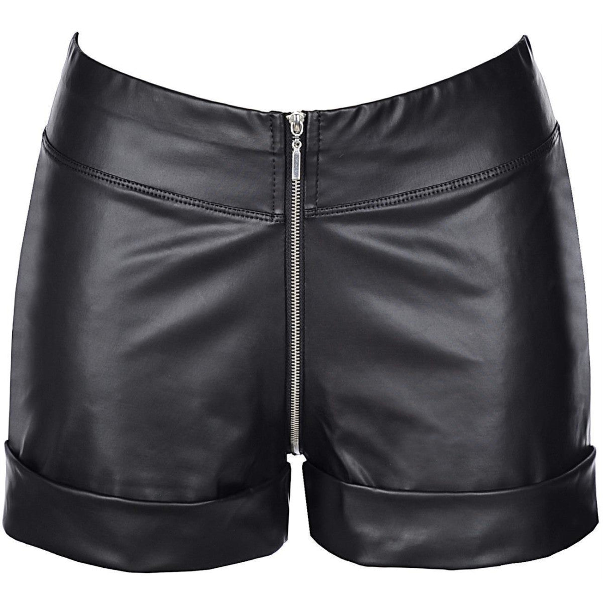 Axami V-9153 schwarze Wetlook-Shorts in Vorderansicht mit mittigem silberfarbenem Reißverschluss