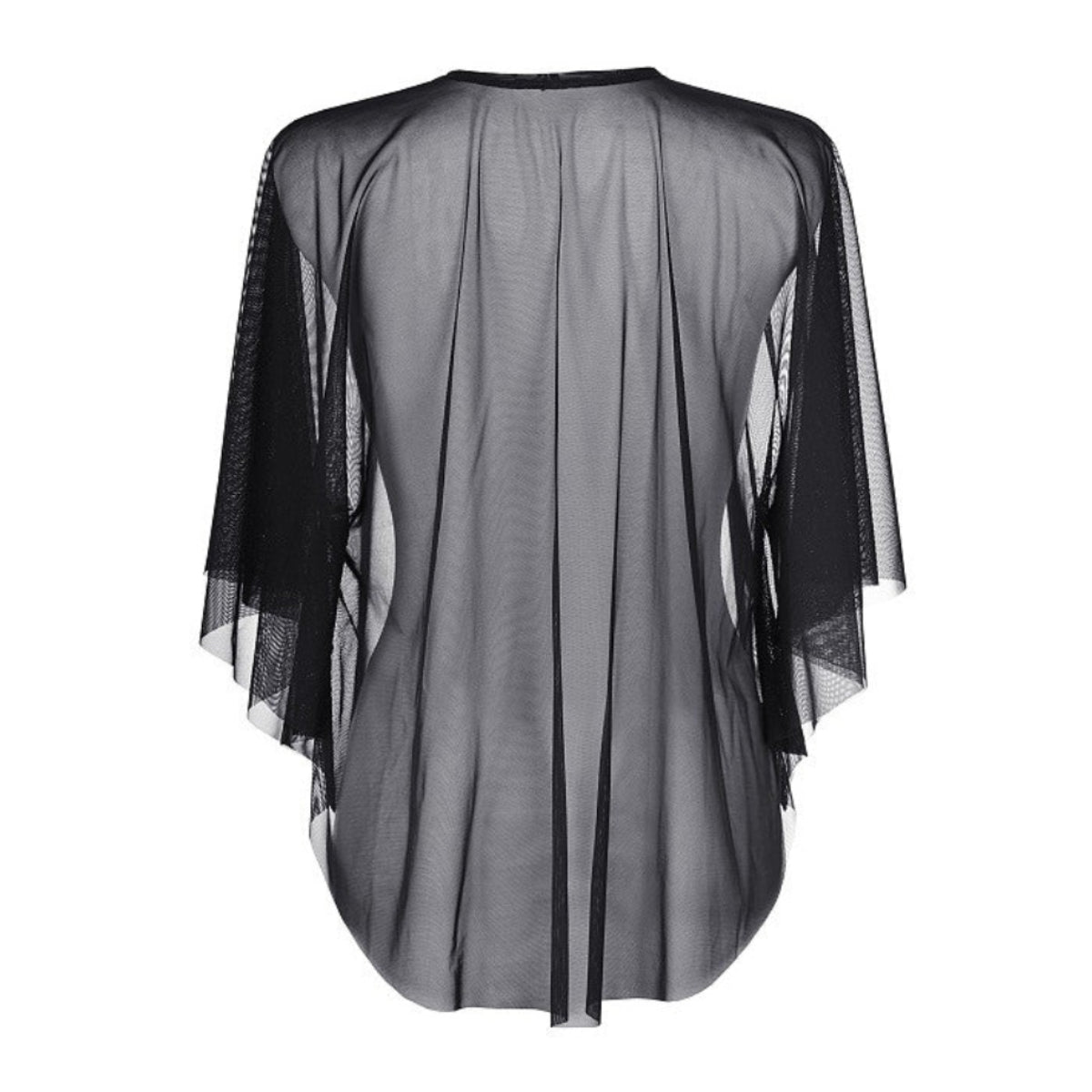 Axami V-9160 schwarzer transparenter Tüll-Poncho in Rückansicht mit locker fallendem Tüll und weiten Ärmeln