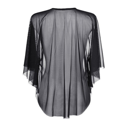 Axami V-9160 schwarzer transparenter Tüll-Poncho in Rückansicht mit locker fallendem Tüll und weiten Ärmeln