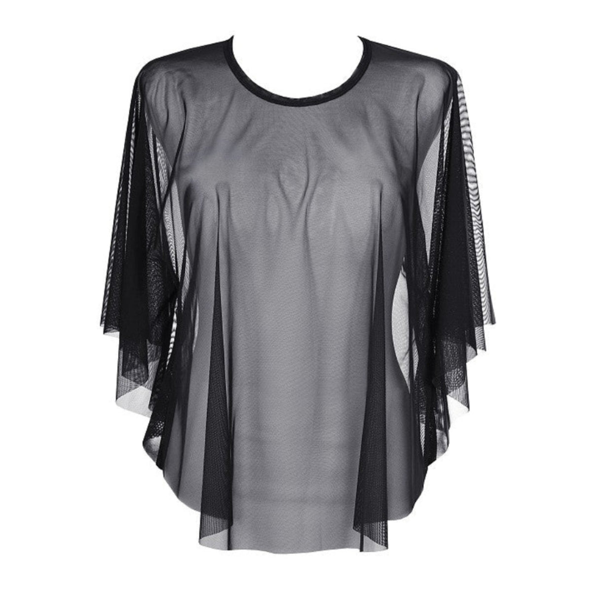 Axami V-9160 schwarzer transparenter Tüll-Poncho in Vorderansicht mit weitem Schnitt und 3/4-Ärmeln