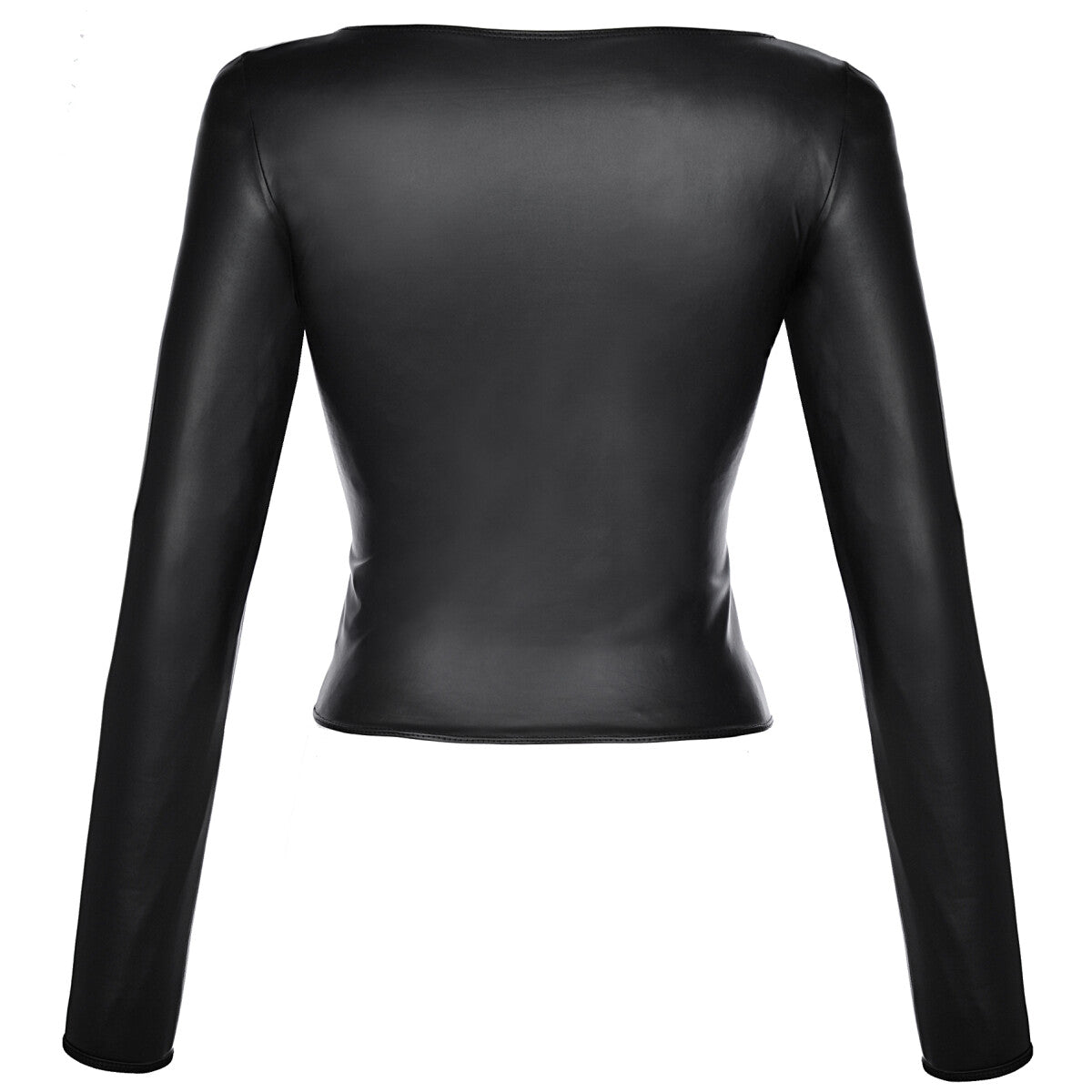 Axami V-9180 schwarze Wetlook-Bluse in Rückansicht mit langen Ärmeln und glatter körpernaher Form