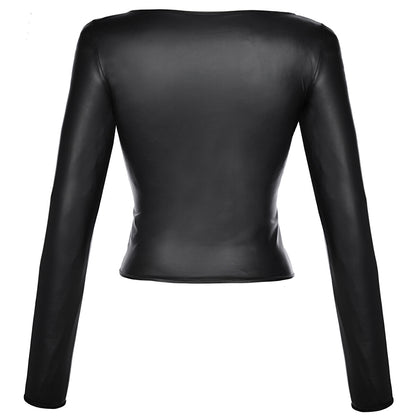 Axami V-9180 schwarze Wetlook-Bluse in Rückansicht mit langen Ärmeln und glatter körpernaher Form
