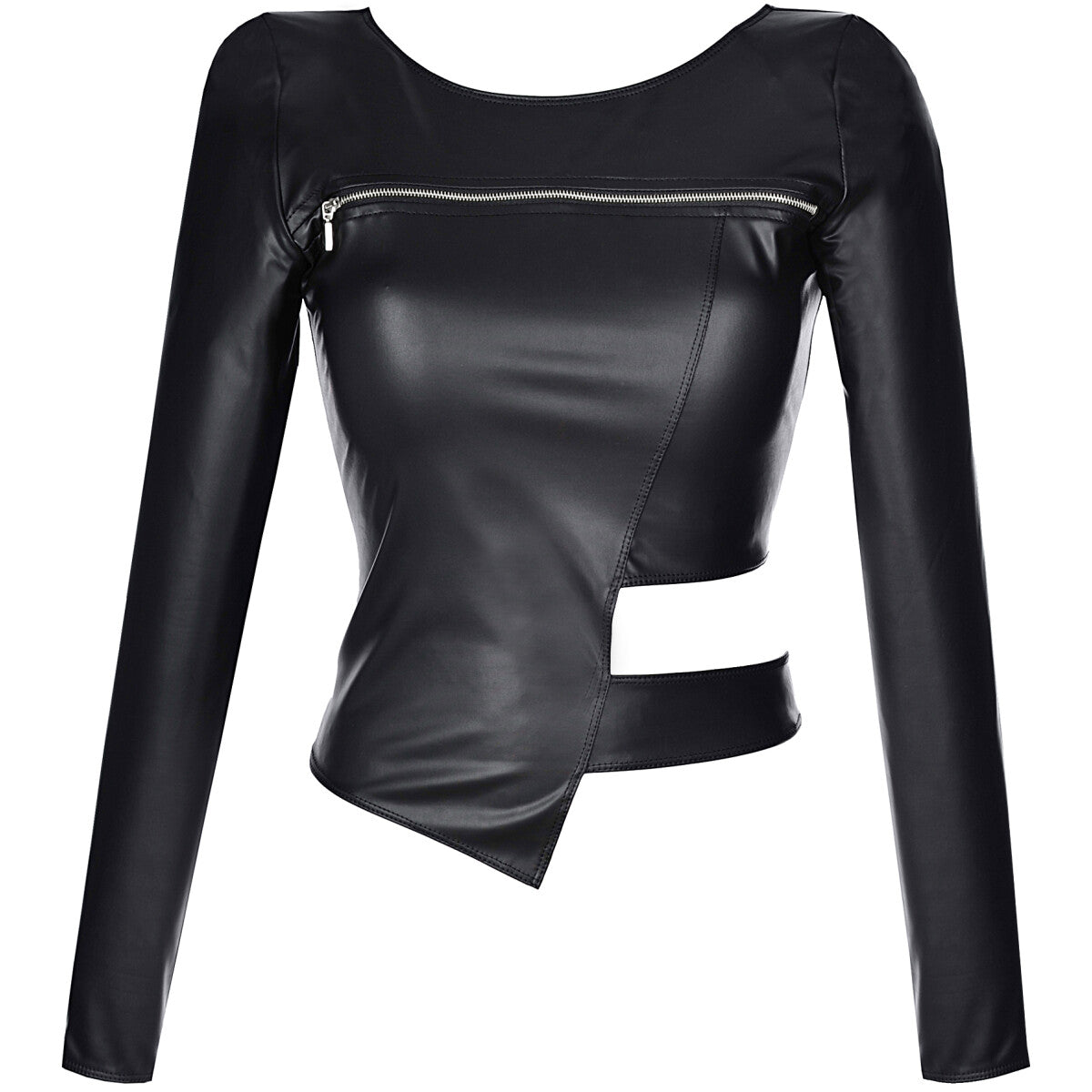 Axami V-9180 schwarze Wetlook-Bluse in Vorderansicht mit langen Ärmeln, Reißverschluss und asymmetrischem Cut-out