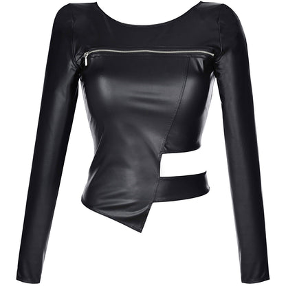 Axami V-9180 schwarze Wetlook-Bluse in Vorderansicht mit langen Ärmeln, Reißverschluss und asymmetrischem Cut-out