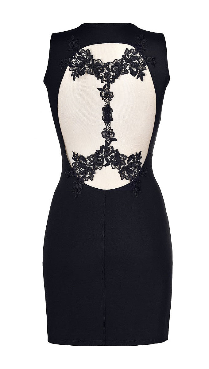 Axami V-9209 schwarzes Minikleid in Rückansicht mit hautfarbenem transparentem Tüll und großer floraler Spitzenstickerei