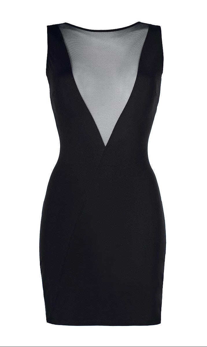 Axami V-9209 schwarzes figurbetontes Minikleid in Vorderansicht mit tiefem transparentem Tüll-Dekolleté